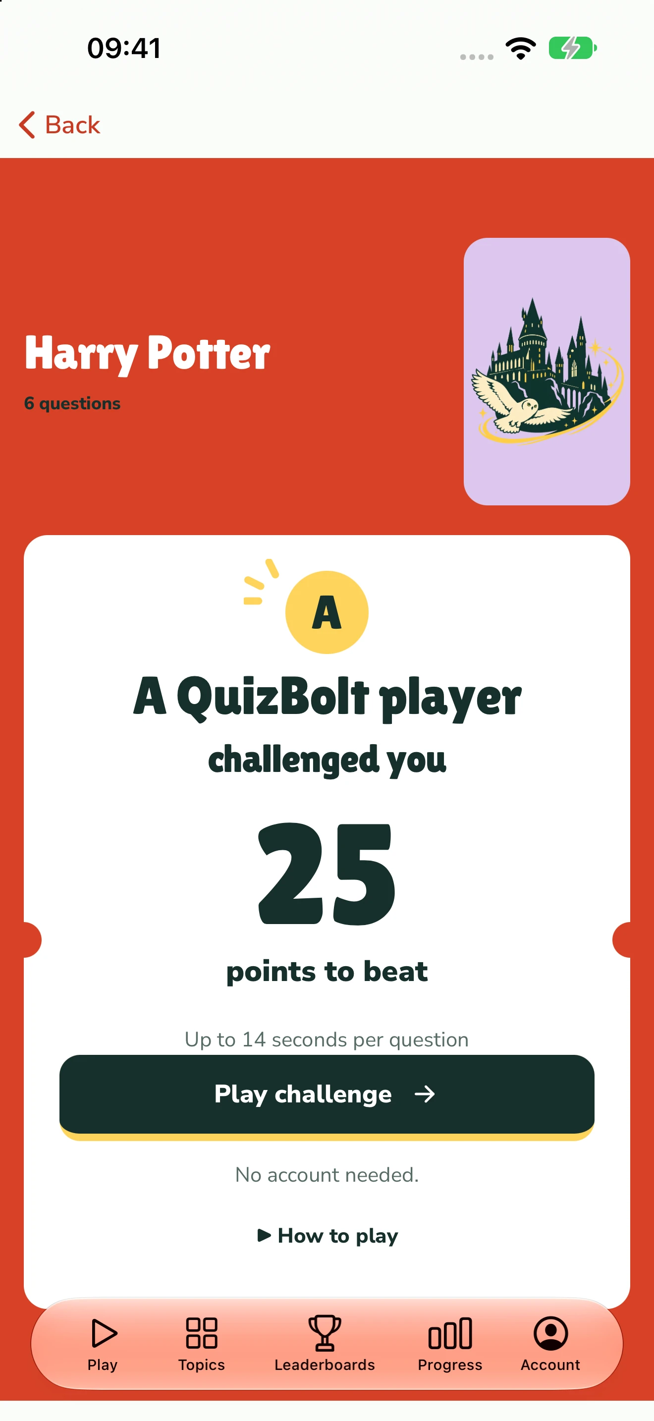 A Harry Potter challenge invitation with 25 points to beat and a Play challenge button.