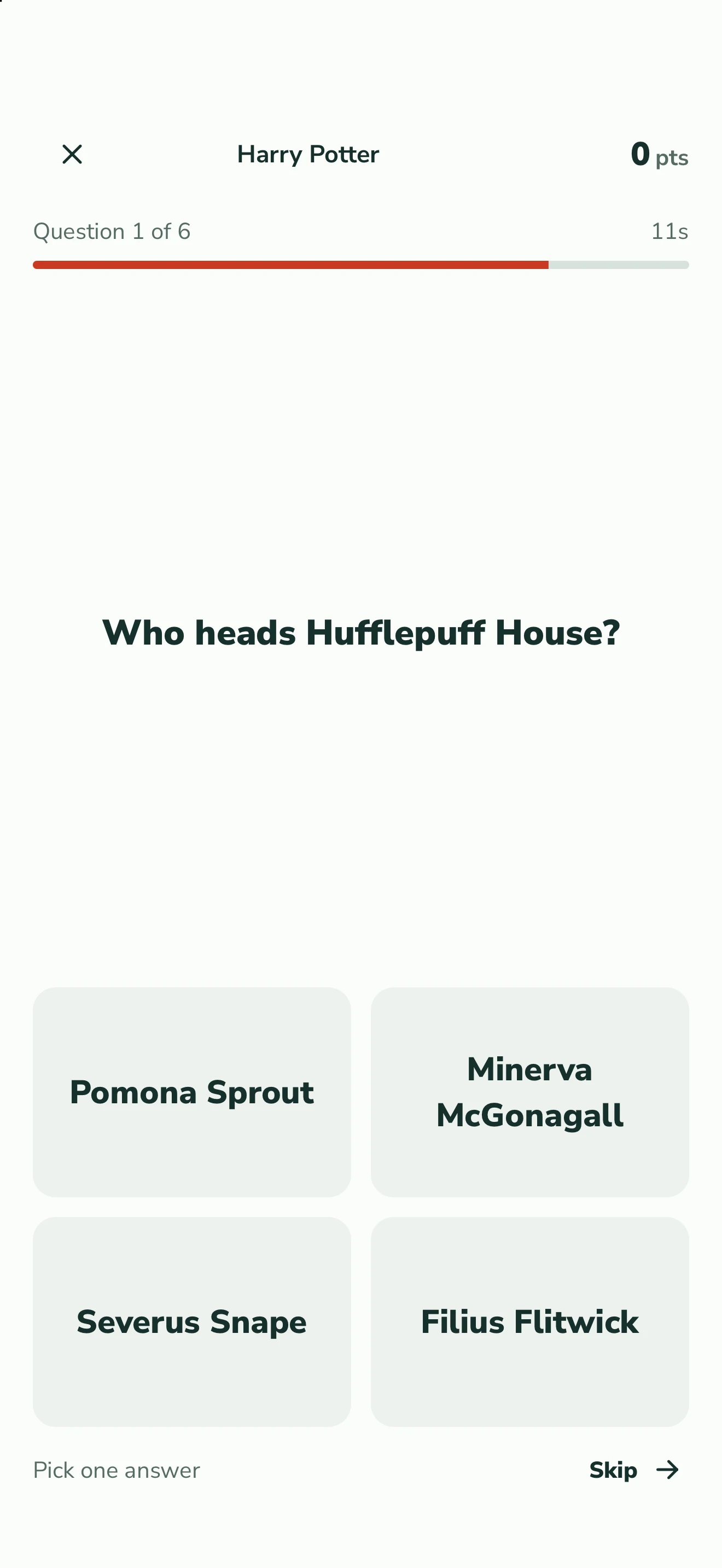 A real QuizBolt round asks who heads Hufflepuff House, with four answers and eleven seconds remaining.